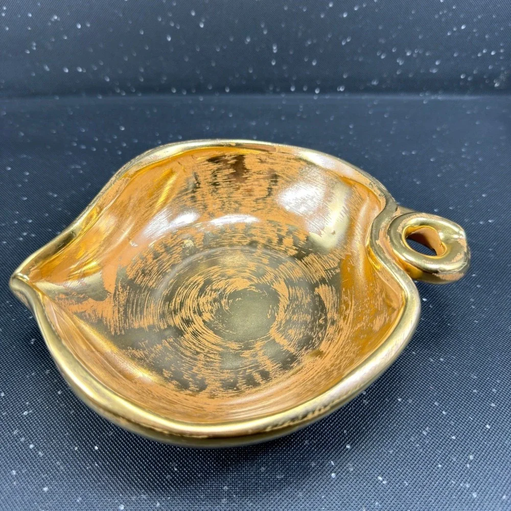Stangl Pottery Granada Gold Hand Painted Ceramic Leaf Bowl Ring Handle 3787 7in
